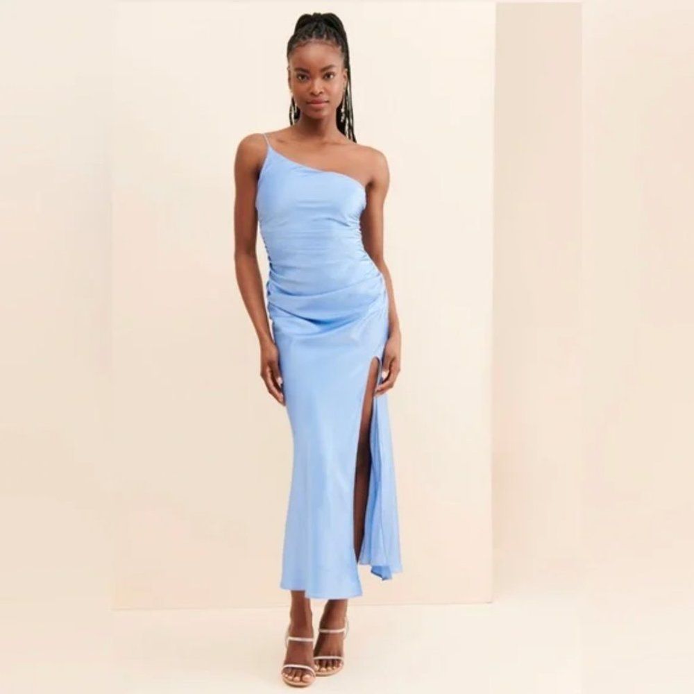 Line & Dot Dress One Shoulder Midi Light Blue Ruched Cocktail Wedding Guest